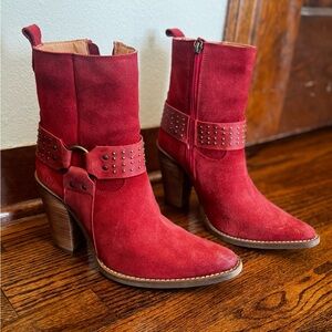 Dingo Red Suede Heeled Boots with Studded Strap